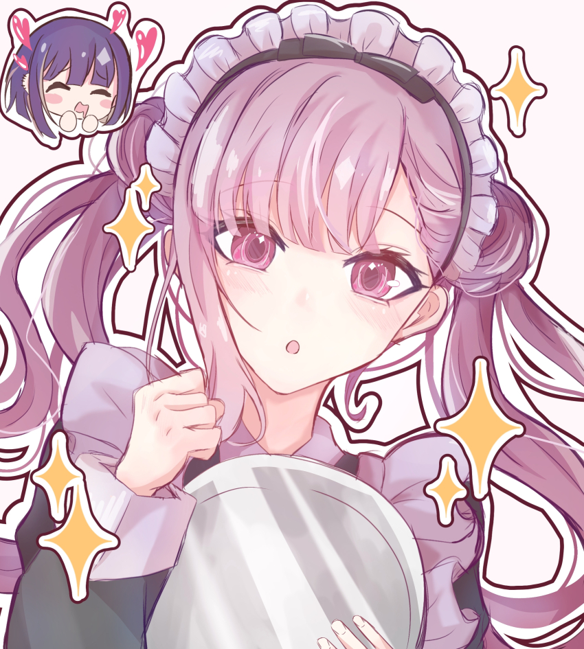 1boy 1girl :o absurdres apron black_dress blush_stickers chibi chibi_inset chinese_commentary commentary_request double_bun dress drooling ear_piercing frills hair_bun head_only highres holding holding_tray leisuyinaotuchu386 long_hair looking_at_viewer loving_aura maid maid_apron maid_headdress medium_hair mouth_drool outline piercing pink_eyes pink_hair purple_hair simple_background sparkle the_hundred_line_-last_defense_academy- tray tsukumo_ima tsukumo_kako twintails upper_body white_apron white_background