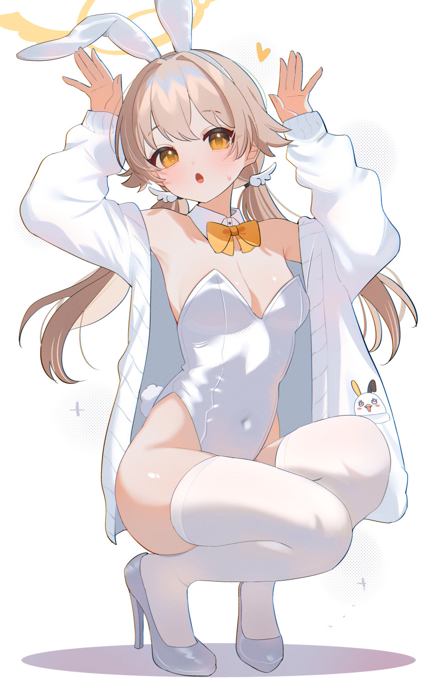 1girl :o absurdres animal_ear_hairband animal_ears arms_up bird blue_archive bow bowtie breasts brown_hair cleavage commentary detached_collar fake_animal_ears full_body hairband halo hifumi_(blue_archive) high_heels highleg highleg_leotard highres jacket java_sparrow leotard long_hair long_sleeves looking_at_viewer low_twintails medium_breasts open_clothes open_jacket open_mouth orange_bow orange_bowtie orange_eyes peroro_(blue_archive) playboy_bunny rabbit_ear_hairband rabbit_ears rabbit_pose rabbit_tail shoes shusuchii simple_background solo squatting strapless strapless_leotard symbol-only_commentary tail thighhighs twintails white_background white_java_sparrow white_leotard white_shoes white_thighhighs yellow_halo
