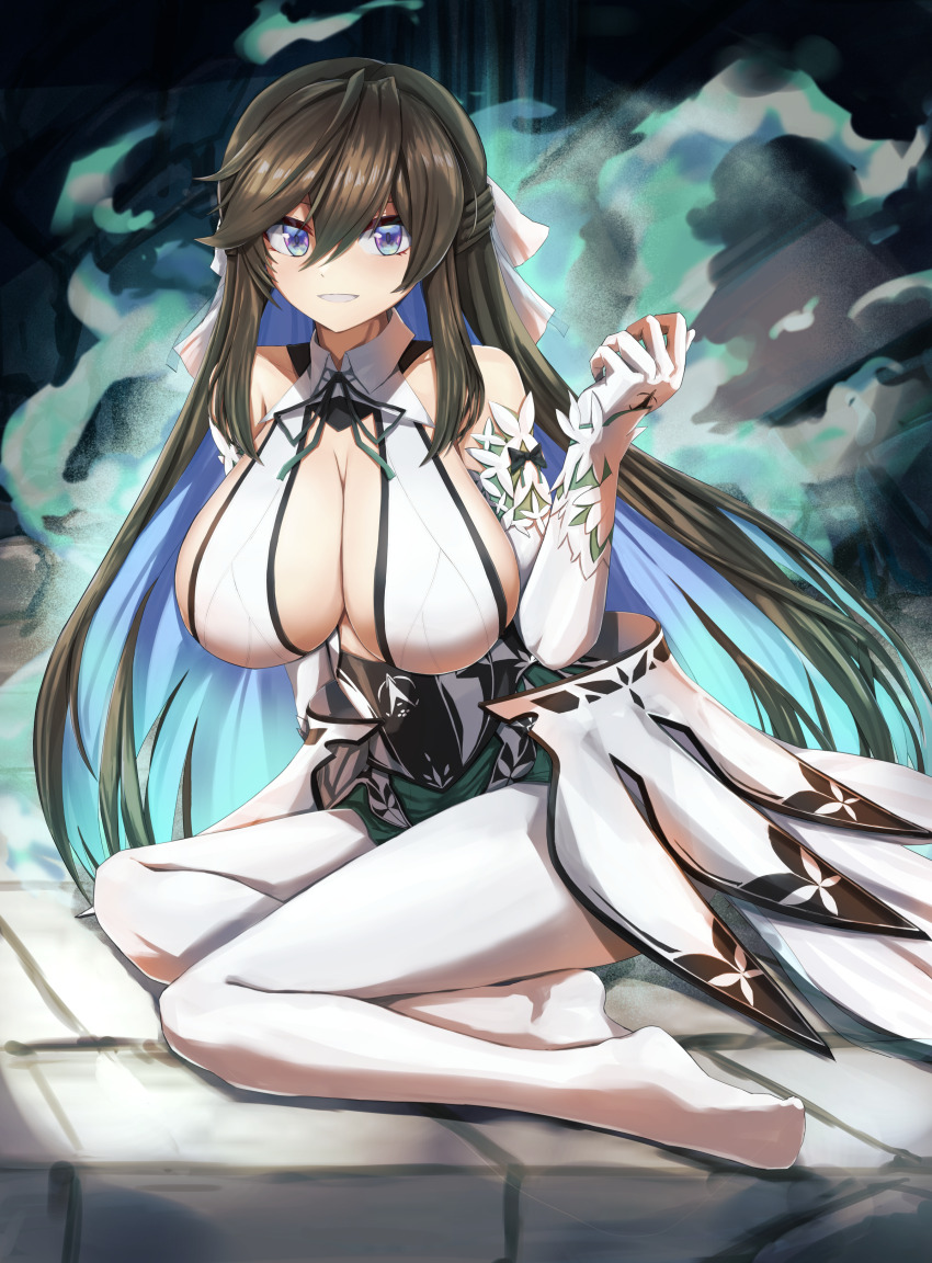 1girl absurdres aqua_hair aura bare_shoulders blue_eyes blue_hair breasts brown_hair cleavage colored_inner_hair commentary counter:side elbow_gloves full_body gloves gradient_hair green_skirt grin hair_between_eyes half_updo halterneck hand_up highres large_breasts long_hair looking_at_viewer msto multicolored_hair neck_ribbon no_shoes pantyhose ribbon shin_jia sideboob sidelocks sitting skirt smile solo very_long_hair waist_cape white_gloves white_pantyhose yokozuwari