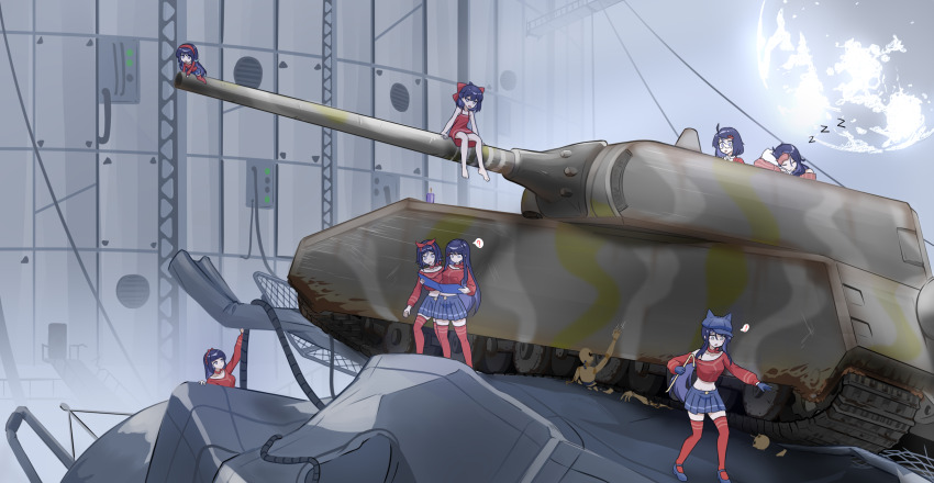 ! 6+girls ? animal_ear_headwear animal_ears blue_hat blue_skirt bow bow_hairband cabbie_hat chibi_mita_(miside) claw_hair_clip commentary_request cool_mita_(miside) cropped_shirt crowbar diguo_keran_wu dress dummy_mita_(miside) fake_animal_ears glasses hair_bow hairband hat highres holding holding_crowbar holding_map kind_mita_(miside) long_hair long_sleeves map mask mask_on_head mila_(miside) military_vehicle miside mita_(miside) moon motor_vehicle multiple_girls on_tank pleated_skirt red_bow red_dress red_hairband red_shirt red_thighhighs shirt short-haired_mita_(miside) short_hair sitting skirt sleep_mask sleeping sleepy_mita_(miside) sleeveless sleeveless_dress spoken_exclamation_mark spoken_question_mark tank tank_turret thighhighs tiny_mita_(miside) vehicle_request wandering_mita_(miside) zzz