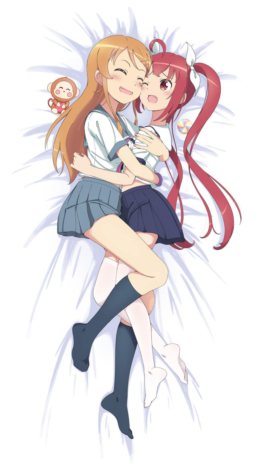 2girls :d ;) absurdres ahoge bed_sheet blue_skirt blue_socks blush bow brown_hair closed_eyes closed_mouth collared_shirt commentary crossover dakimakura_(medium) date_a_live double_dakimakura_(medium) fang from_above full_body grey_sailor_collar grey_skirt hair_bow highres hug itsuka_kotori kousaka_kirino kousaka_kirino&#039;s_school_uniform long_hair lying miniskirt multiple_girls neckerchief on_side one_eye_closed open_mouth ore_no_imouto_ga_konna_ni_kawaii_wake_ga_nai pleated_skirt purple_neckerchief raizen_high_school_uniform red_eyes red_hair sailor_collar sailor_shirt scarletsky school_uniform serafuku shirt skirt smile socks straight_hair taketatsu_ayana thighhighs twintails very_long_hair voice_actor_connection white_bow white_shirt white_thighhighs yuri zettai_ryouiki