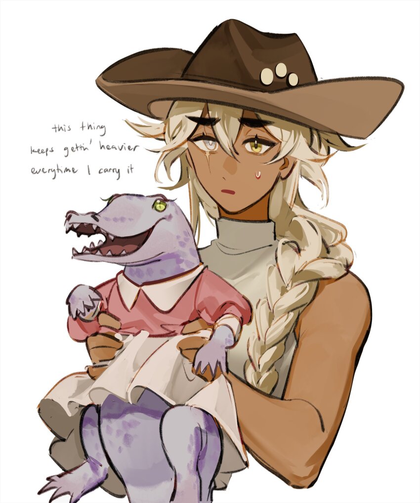 1girl animal animalization argus_(reverse:1999) bare_arms blonde_hair braid brown_hat clothed_animal cowboy_hat crocodilian cropped_torso english_text grey_eyes hair_over_shoulder hat heterochromia highres holding holding_animal long_hair looking_ahead parted_lips pink_shirt reverse:1999 scar scar_across_eye scar_on_face shirt single_braid skirt sleeveless sleeveless_shirt solo sweat tuesday_(reverse:1999) upper_body white_background white_shirt white_skirt yellow_eyes ylceon
