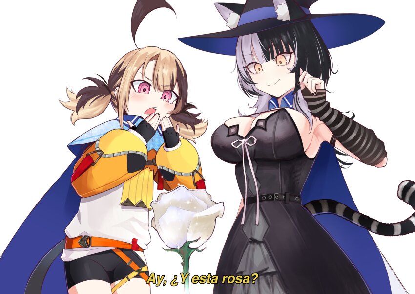 2girls absurdres ahoge animal_ears bike_shorts black_arm_warmers black_dress black_hair black_hat black_shorts blonde_hair blue_cape breasts brown_hair cape cat_ears cat_tail cd_usr closed_mouth cropped_hoodie dress enigmatic_recollection flower gigi_murin gigi_murin_(1st_costume) grey_hair hat highres hololive hololive_english hood hoodie large_breasts multicolored_hair multiple_girls orange_hoodie ribbon rose shiori_novella shiori_novella_(1st_costume) shirt shorts simple_background smile spanish_text split-color_hair tail twintails two-tone_hair virtual_youtuber white_background white_flower white_ribbon white_rose white_shirt witch_hat yellow_eyes