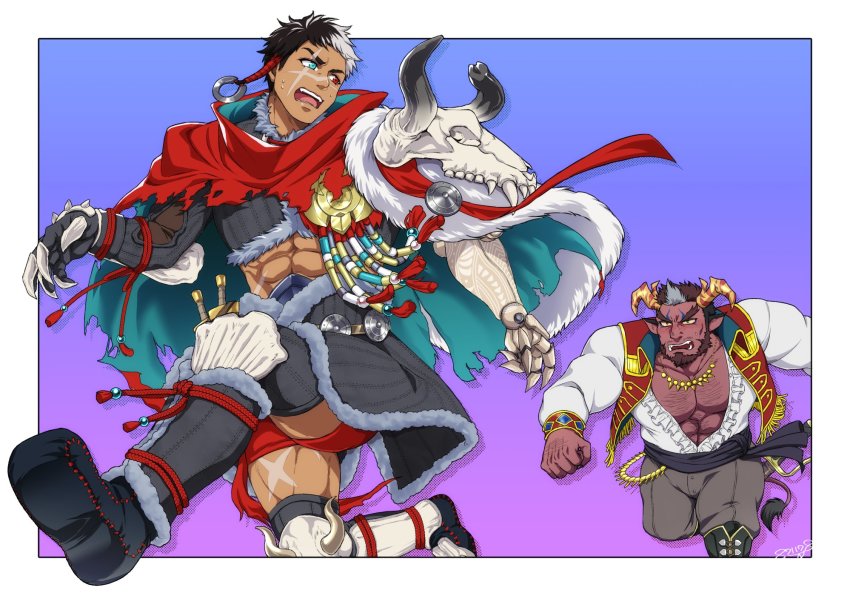 2boys abs alec_(another_eidos) another_eidos-r artist_name bara beard belt black_hair blue_eyes blush boots brown_hair cape chest_armor claws clenched_hand coat collared_coat collared_crop_top crop_top dagger dark-skinned_male dark_skin demon demon_boy facial_hair fang gauntlets gloves grey_hair hairy heterochromia highres horns jewelry knee_pads knife large_pectorals leg_armor long_sleeves looking_at_another looking_back male_focus male_underwear multicolored_hair multiple_boys muscular muscular_arms muscular_legs muscular_male necklace nervous open_mouth pectorals pointy_ears prosthesis prosthetic_arm running scar scar_across_eye scar_on_face scar_on_leg skirt skull stalon_(another_eidos) sweat sweatdrop sword tail tan teeth thick_eyebrows thighs tight_clothes tongue tusks underwear weapon white_hair yanai_inaya