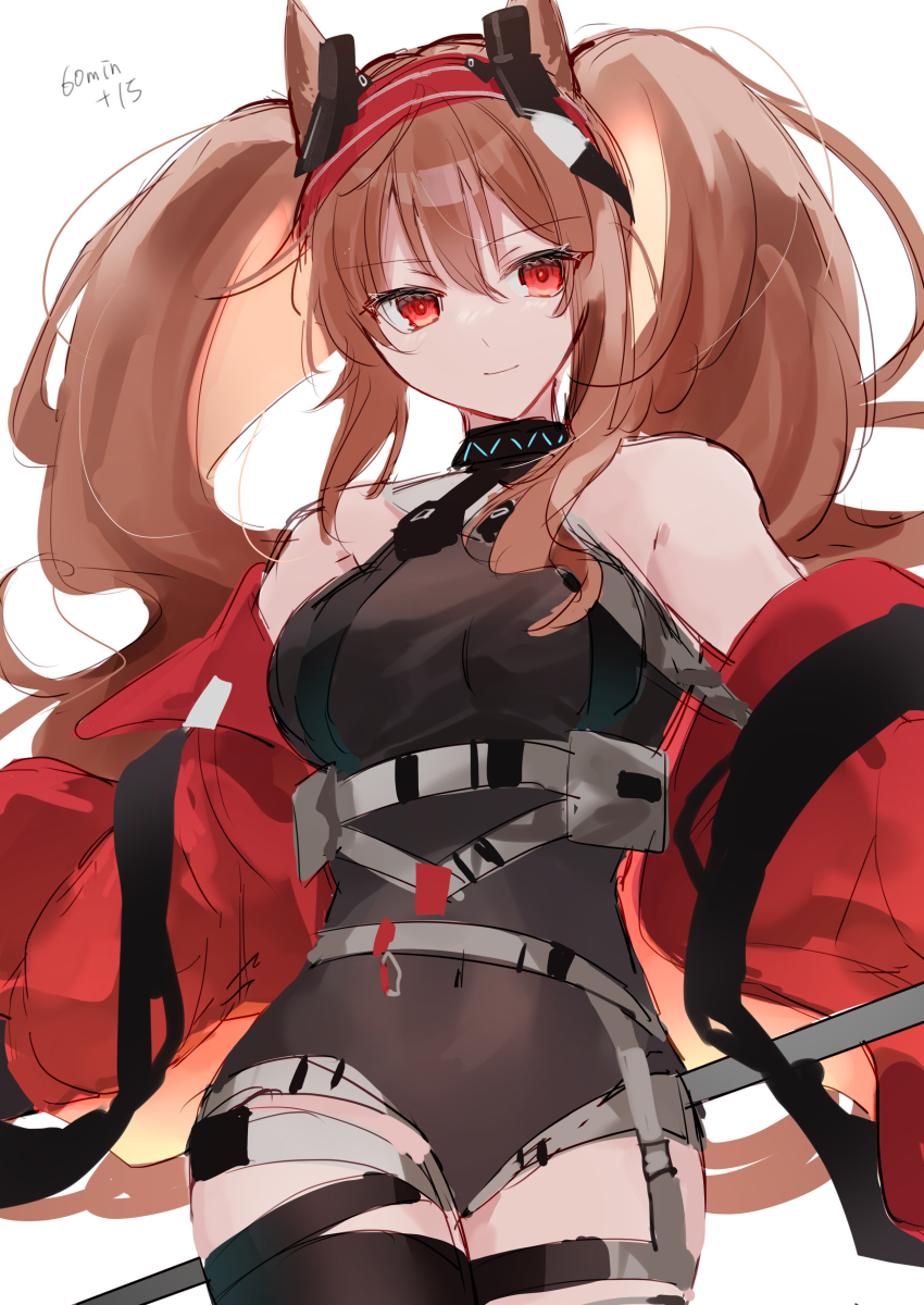1girl absurdres angelina_(arknights) angelina_(distinguished_visitor)_(arknights) animal_ears arknights bare_shoulders black_leotard breasts brown_hair commentary_request covered_navel cowboy_shot fox_ears hairband highres infection_monitor_(arknights) jacket leotard long_hair looking_at_viewer matsuzaka_(matsuzakagyu_29) medium_breasts off_shoulder official_alternate_costume open_clothes open_jacket red_eyes red_hairband red_jacket simple_background smile solo standing twintails white_background