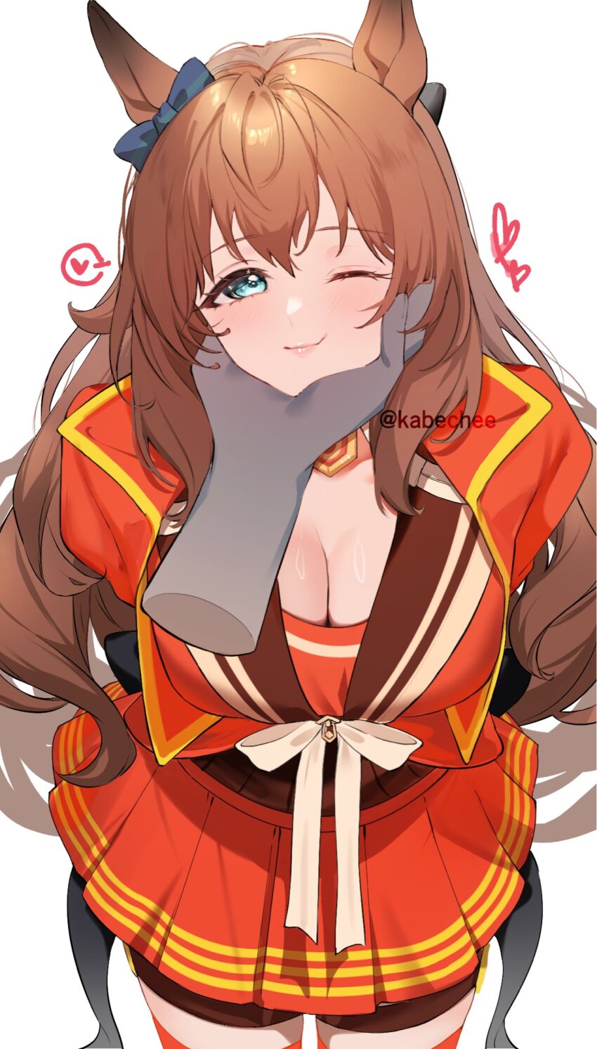 1girl ;) animal_ears aqua_eyes bike_shorts breasts brown_hair brown_shorts chikabe chin_on_palm_challenge cleavage commentary cowboy_shot disembodied_hand heart highres horse_ears horse_girl jacket large_breasts leaning_forward looking_at_viewer maruzensky_(formula_r)_(umamusume) maruzensky_(umamusume) miniskirt one_eye_closed open_clothes open_jacket pleated_skirt red_jacket red_shirt red_skirt red_thighhighs revision ribbon shirt shorts shorts_under_skirt simple_background skirt smile solo_focus speech_bubble spoken_heart thighhighs twitter_username umamusume white_background white_ribbon