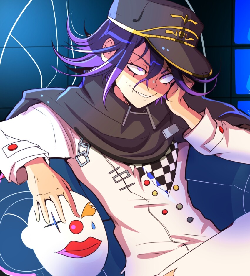 1boy bishounen black_cape black_hat buttons cape chair checkered_clothes checkered_scarf clown_mask commentary crossed_legs danganronpa_(series) danganronpa_v3:_killing_harmony english_commentary evil_smile eyelashes flipped_hair hair_between_eyes hat highres holding holding_mask long_sleeves makeup male_focus mask multicolored_buttons oma_kokichi on_chair onac911 pants purple_eyes purple_hair scarf shaded_face short_hair sitting slouching smile smirk solo straitjacket teeth two-tone_scarf white_pants