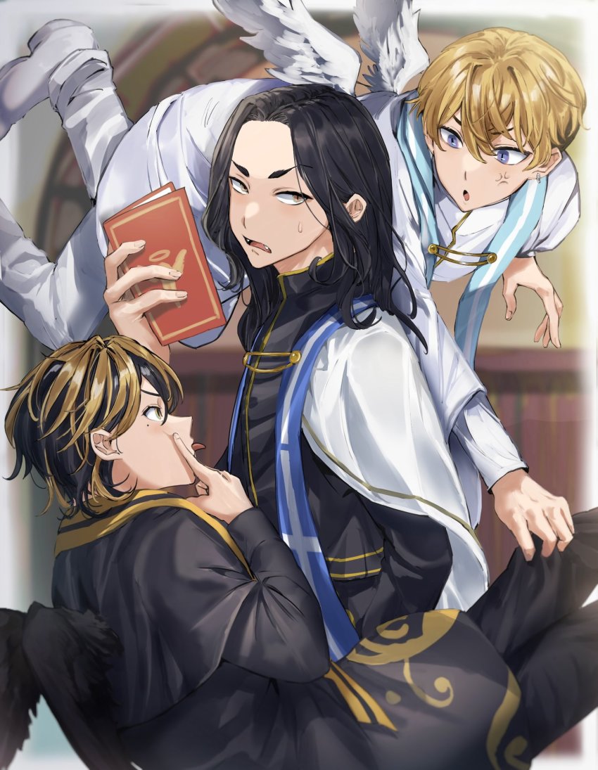 3boys anger_vein baji_keisuke black_hair black_jacket black_pants black_wings blonde_hair blue_eyes book capelet cowboy_shot fangs feathered_wings floating flying hand_up hanemiya_kazutora highres holding holding_book jacket long_hair long_sleeves male_focus matsuno_chifuyu mole mole_under_eye multicolored_hair multiple_boys naka_(58hrprtr) open_mouth pants priest shoes standing sweatdrop tokyo_revengers tongue tongue_out two-tone_hair undercut v-shaped_eyebrows white_capelet white_footwear white_jacket white_pants white_wings wings yellow_eyes