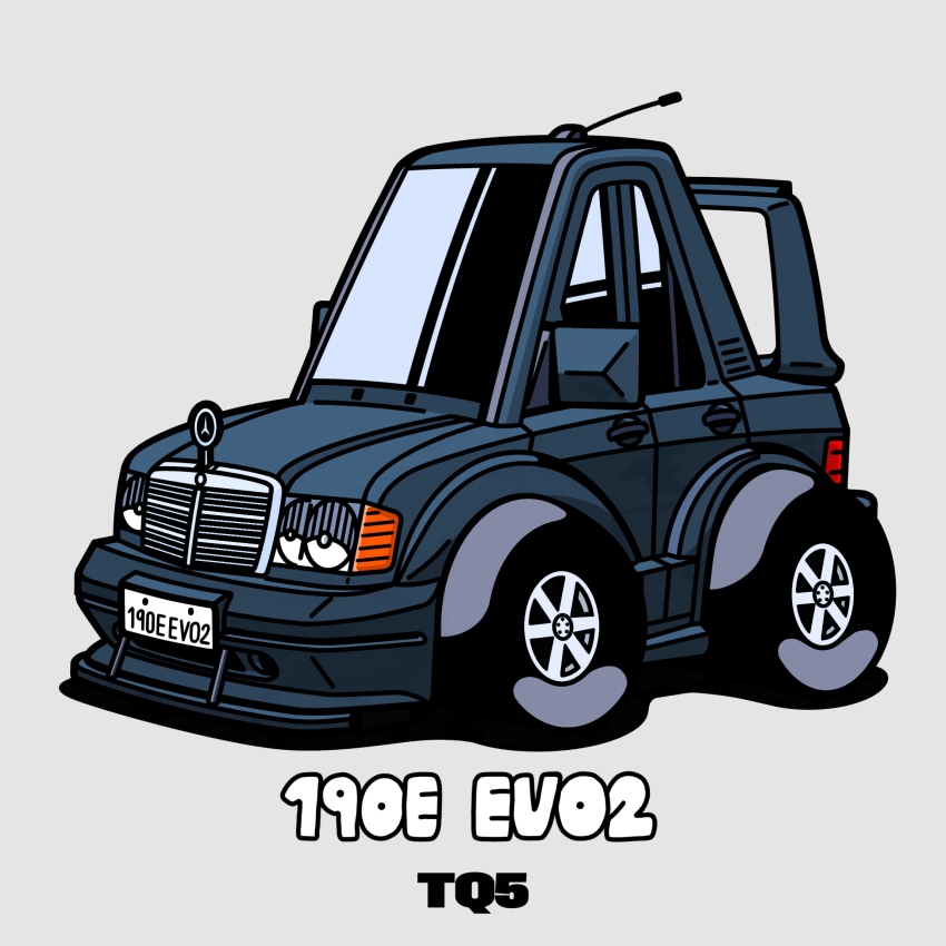 artist_name car chibi choro-q from_side grey_background highres mercedes-benz mercedes-benz_190e motor_vehicle radio_antenna simple_background spoiler_(automobile) tq5 vehicle_name