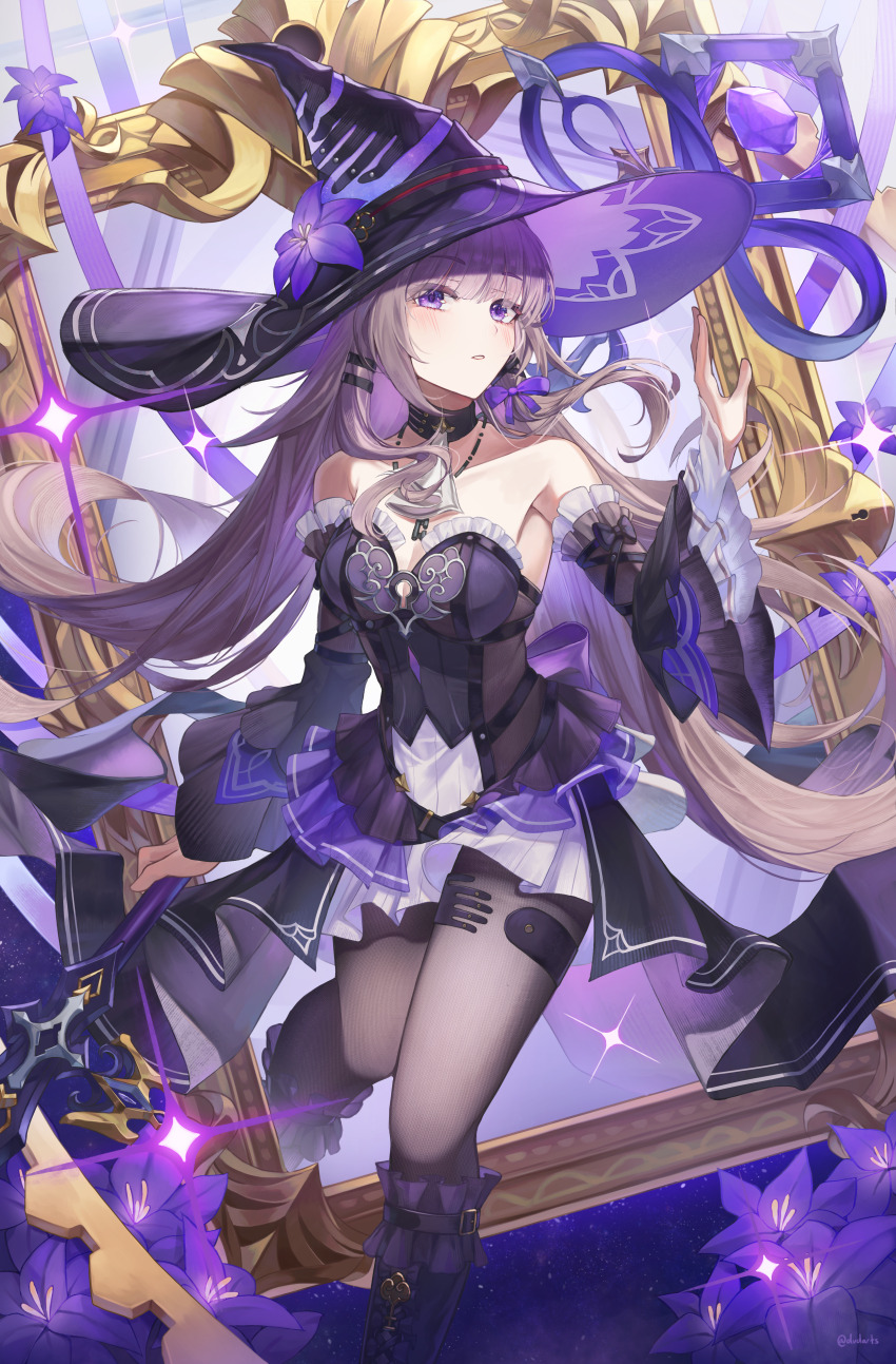1girl absurdres artist_name bare_shoulders black_pantyhose breasts brown_hair commentary detached_sleeves dress dvdarts flower hat hat_flower herta_(honkai:_star_rail) highres holding holding_staff honkai:_star_rail honkai_(series) light_blush long_hair looking_at_viewer medium_breasts pantyhose parted_lips purple_dress purple_eyes purple_flower purple_sleeves solo staff the_herta_(honkai:_star_rail) twitter_username very_long_hair witch_hat
