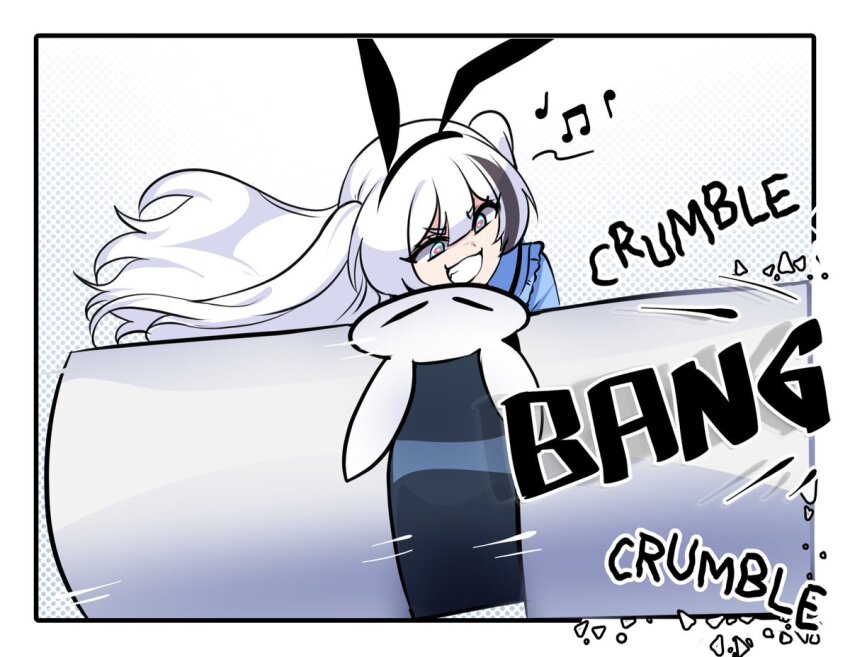1girl animal_ear_hairband animal_ears black_hairband black_streaks blue_eyes blue_shirt border breaking bright_pupils commentary crumbling double-parted_bangs english_commentary english_text fake_animal_ears hair_between_eyes hairband hammer long_hair merryweather multicolored_hair musical_note original rabbit_ear_hairband rabbit_ears ryuuxin sally_sinclair shirt solo sound_effects streaked_hair two_side_up white_background white_border white_hair white_pupils