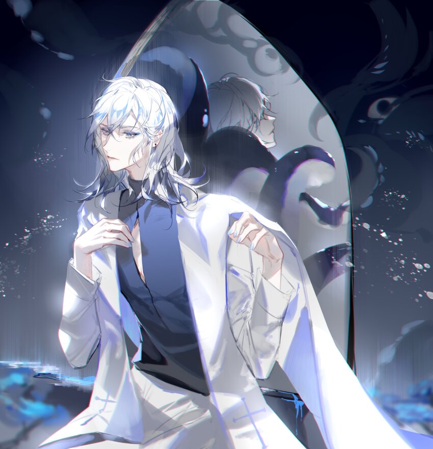 1boy :| absurdres blue_eyes blue_eyeshadow blue_hair blue_nails blue_shirt box_tenshi button_gap cape closed_mouth colored_tips cowboy_shot different_reflection earrings eyeshadow hair_between_eyes hand_on_own_chest hands_up highres jacket jewelry light_particles long_sleeves looking_at_viewer makeup male_focus medium_hair mirror multicolored_hair nail_polish nijisanji nijisanji_en otsuatsushi pants reflection shirt sitting solo tentacles virtual_youtuber vox_akuma white_cape white_hair white_jacket white_pants