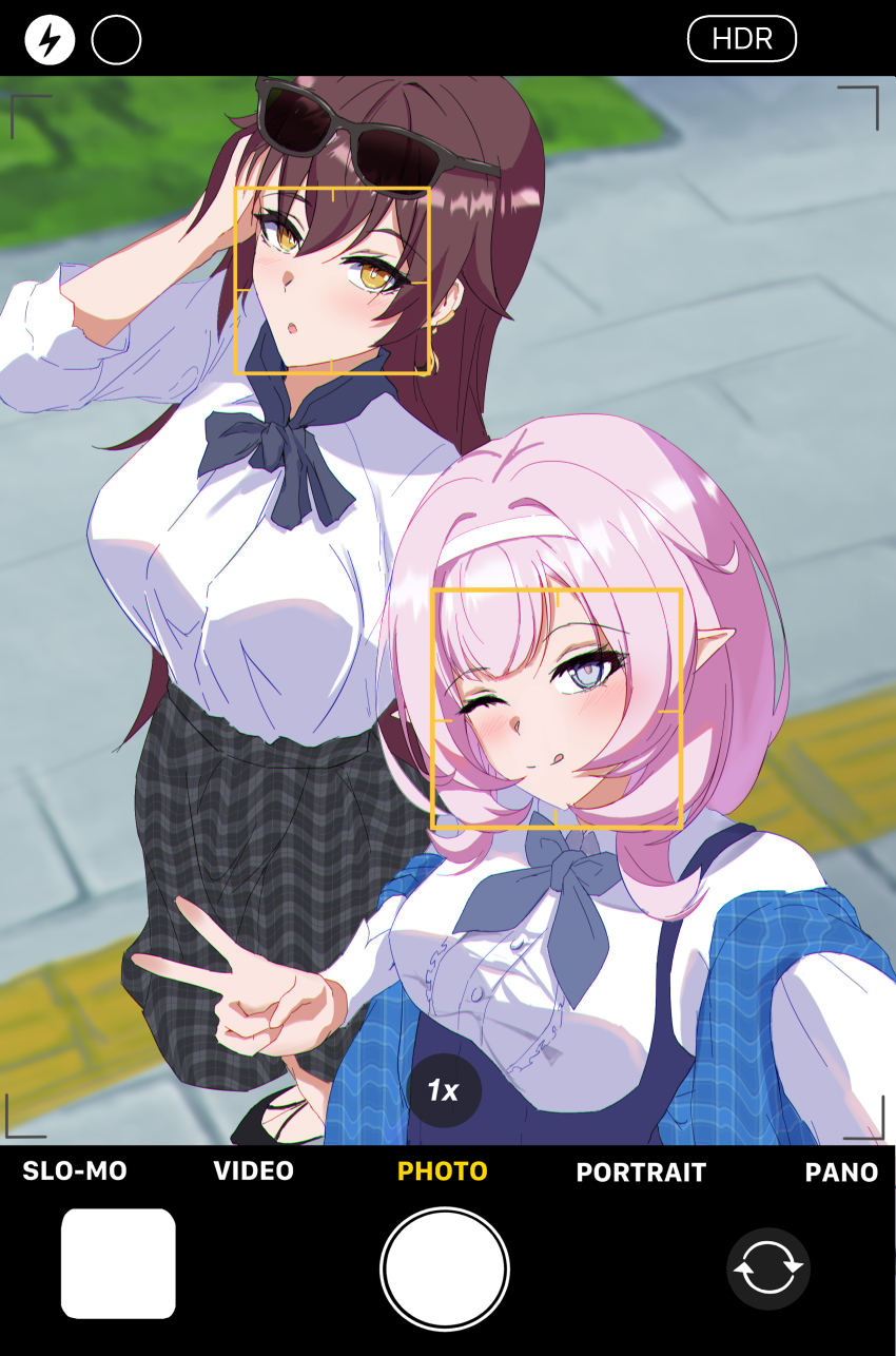 2girls ;) absurdres blue_bow blue_bowtie blue_eyes blue_scarf bow bowtie breasts brown_hair commentary eden_(honkai_impact) elf elysia_(honkai_impact) eyewear_on_head fake_phone_screenshot fake_screenshot gude_(gudechang) hairband highres honkai_(series) honkai_impact_3rd large_breasts long_hair multiple_girls official_alternate_costume one_eye_closed outdoors pink_hair pointy_ears scarf selfie shirt smile sunglasses symbol-only_commentary v viewfinder white_hairband white_shirt yellow_eyes