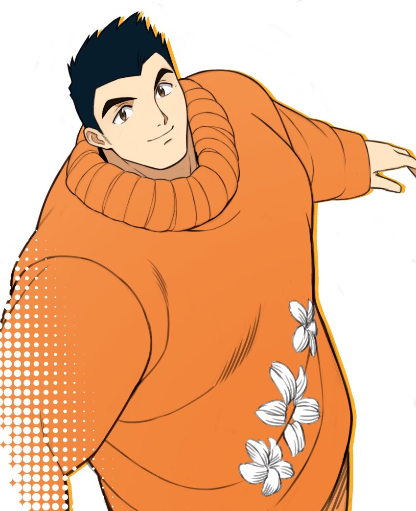 1boy alternate_costume alternate_pectoral_size cowboy_shot facial_hair floral_print highres large_pectorals looking_at_viewer male_focus motoori_shiro muscular muscular_male no_eyewear pectorals sanpaku short_hair sideburns_stubble simple_background smile solo stubble sweater tareme thick_eyebrows tokyo_houkago_summoners tyou upper_body white_background