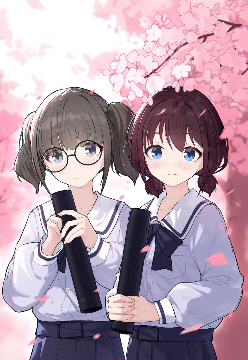 2girls black_neckerchief black_skirt blue_eyes blush cherry_blossoms chinese_commentary closed_mouth commentary_request day falling_petals flower girls_band_cry graduation grey_eyes grey_hair grey_shirt highres hina_(girls_band_cry) holding_tube iseri_nina long_sleeves looking_at_viewer multiple_girls neckerchief outdoors petals pink_flower red_hair sailor_collar shirt short_twintails skirt smile twintails upper_body white_sailor_collar yun_cao_bing