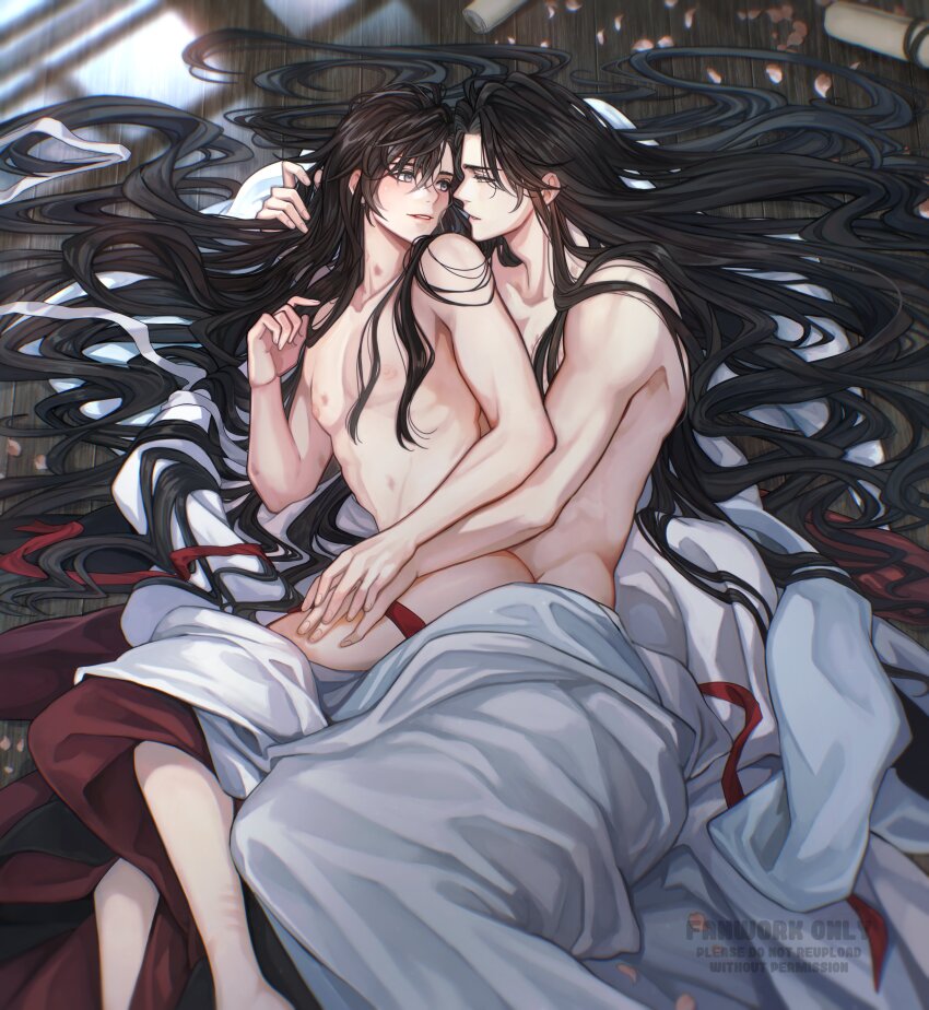 2boys absurdres ahoge alternate_hairstyle anal bed_sheet bishounen bite_mark black_hair blanket chromatic_aberration collarbone couple from_above ganen_cheese grey_eyes hair_down hair_spread_out hand_in_another&#039;s_hair hand_on_another&#039;s_hand hand_on_another&#039;s_thigh hickey highres hug hug_from_behind implied_sex indoors lan_wangji long_hair looking_at_another lying male_focus modao_zushi multiple_boys naked_sheet nipples nude on_floor on_side parted_lips pectorals petals pink_petals red_ribbon ribbon scroll sex sex_from_behind sidelocks smile untied_ribbon very_long_hair watermark wei_wuxian wooden_floor yaoi yellow_eyes