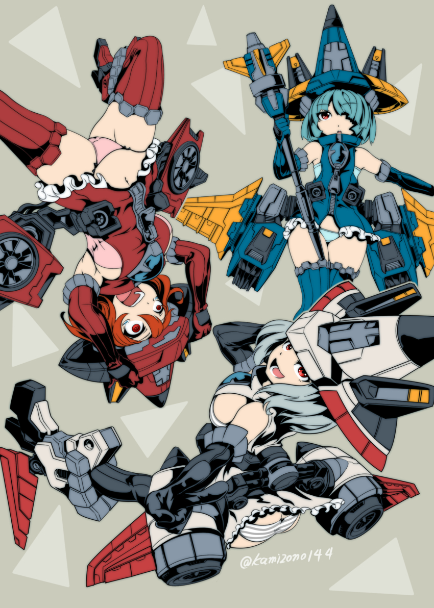 3girls absurdres blue_panties breasts decepticon dirge_(transformers) embarrassed flat_chest genderswap genderswap_(mtf) hat highres holding holding_staff kamizono_(spookyhouse) mecha_musume mechanical_wings medium_breasts multiple_girls no_pants open_mouth panties personification ramjet red_eyes red_panties staff thrust_(transformers) transformers underwear v white_panties wings witch_hat