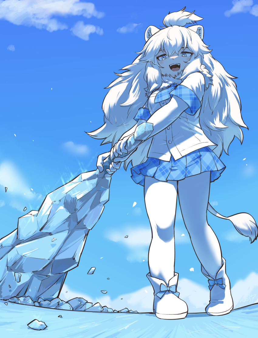 1girl animal_ears blue_eyes blue_sky bodystocking buttons club_(weapon) day dragging eyebrows_hidden_by_hair fangs full_body fur_collar hair_between_eyes highres holding holding_weapon huge_weapon ice kemono_friends kemono_friends_3 lion_ears lion_girl lion_tail long_hair looking_back miniskirt necktie open_mouth outdoors plaid_clothes plaid_necktie plaid_skirt plaid_sleeves rumenia_(ao2is) shirt shoes short_sleeves skirt sky smile solo straight-on tail teeth upper_teeth_only very_long_hair walking weapon white_hair white_lion_(kemono_friends) white_shirt