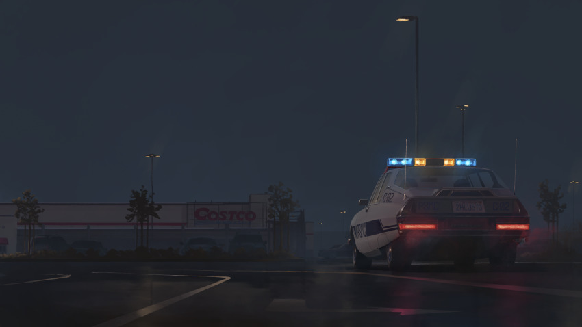bush car citroen commentary_request highres lamppost license_plate light motor_vehicle nature night night_sky no_humans original outdoors parking_lot police_car radio_antenna reflection rudeko32 scenery sky tree united_states vehicle_focus