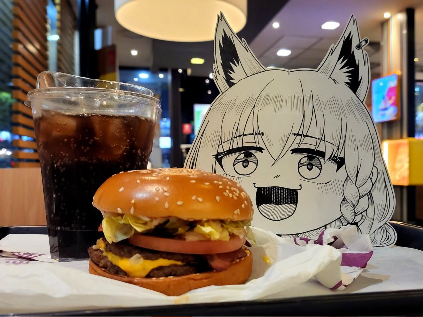 1girl animal_ears braid burger corrupted_twitter_file cup diner food fox_ears highres hololive ice interior jqhnharqld open_mouth paper_child shirakami_fubuki soda tongue unconventional_media virtual_youtuber