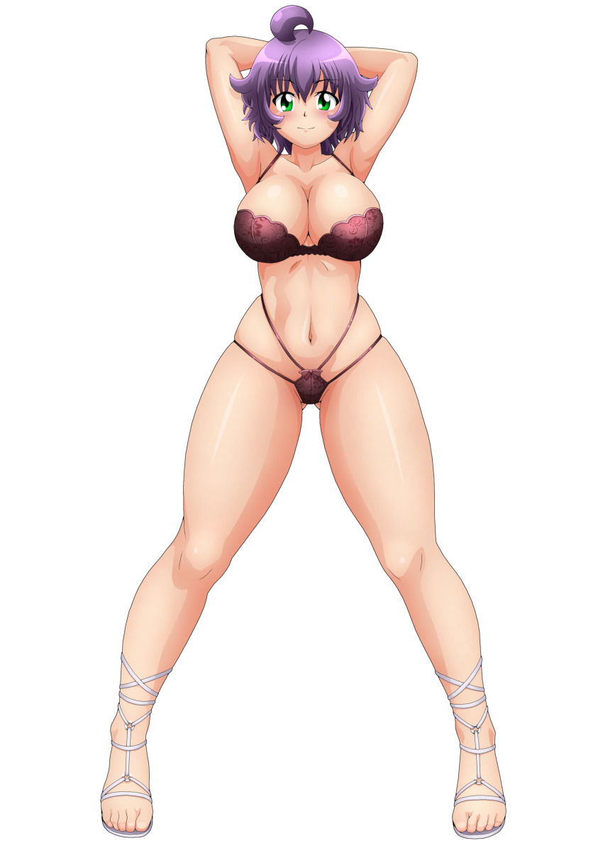 1girl absurdres armpits arms_behind_head bra breasts cleavage feet green_eyes high_heels highres large_breasts legs looking_at_viewer navel original purple_hair short_hair smile solo thick_thighs thighs thong underwear yukino_akaihi yukino_memories zel-sama