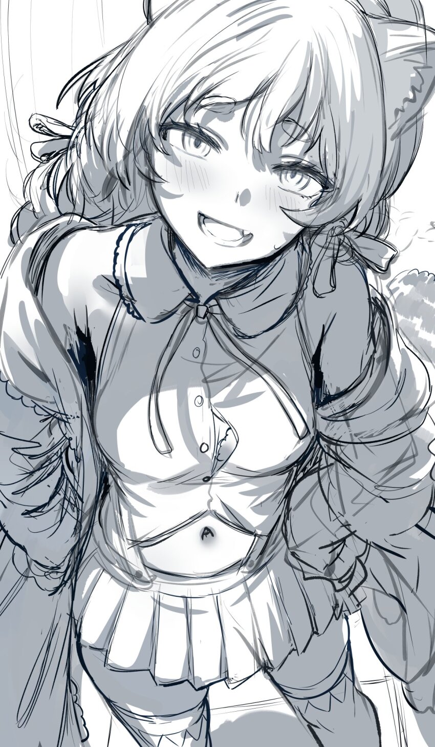 1girl :d blush commentary cowboy_shot english_commentary fang greyscale hands_on_own_hips hews highres komachi_panko long_hair looking_at_viewer monochrome navel neck_ribbon open_mouth phase_connect red_panda_ears red_panda_girl ribbon shirt short_eyebrows sketch smile solo thick_eyebrows thighhighs unfinished virtual_youtuber