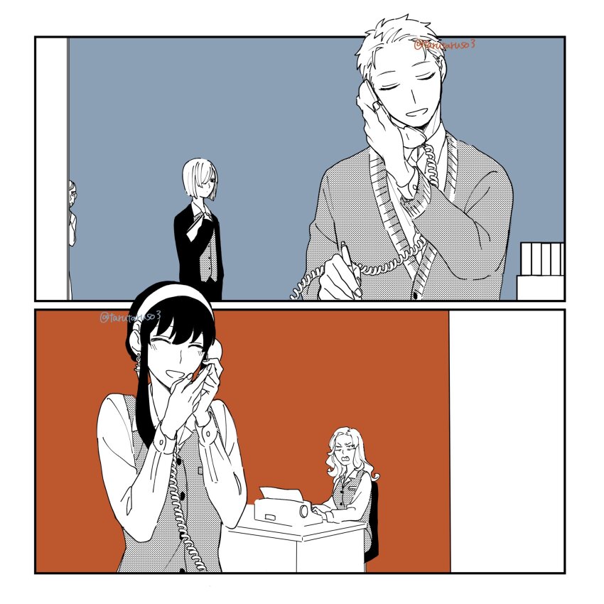 2boys 3girls black_hair blue_background blush bob_cut border camilla_(spy_x_family) cardigan character_request collared_shirt desk earrings fiona_frost grey_cardigan grey_vest hair_over_one_eye hairband highres jewelry limited_palette multiple_boys multiple_girls open_mouth orange_background shirt sidelocks smile spy_x_family talking_on_phone tarutaruso3 twilight_(spy_x_family) twitter_username typewriter updo upper_body vest white_border yor_briar