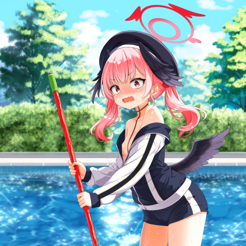 1girl bare_shoulders beret black_choker black_hat black_wings blue_archive blue_background blush breasts choker collarbone commentary_request cowboy_shot day embarrassed flat_chest from_side hair_between_eyes halo hat head_wings highres holding holding_mop jacket koharu_(blue_archive) light_reflection_(water) long_hair low_wings mop mutsuse no_bra nose_blush open_clothes open_jacket open_mouth outdoors pink_hair pool poolside red_eyes red_halo sleeves_past_wrists slit_pupils small_breasts solo sunlight track_jacket tree twintails v-shaped_eyebrows wavy_mouth wet white_sleeves wide-eyed wings