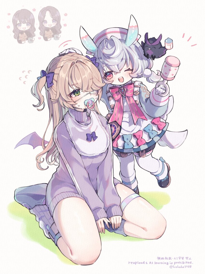 2girls alternate_costume bat_wings bib blonde_hair character_request eyepatch fischl_(genshin_impact) genshin_impact hair_ribbon highres holding holding_rattle medical_eyepatch multiple_girls nervous_sweating oz_(genshin_impact) pacifier poponnu purple_ribbon purple_sweater rattle ribbon seiza sigewinne_(genshin_impact) sitting sweat sweater watermark wings