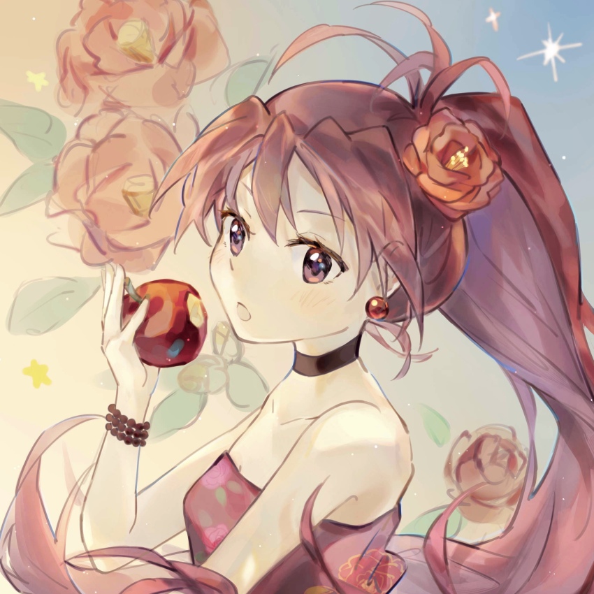 1girl apple black_choker bracelet choker collarbone dress earrings eating floral_print flower food fruit hair_flower hair_ornament highres jewelry light_blush long_hair looking_at_viewer mahou_shoujo_madoka_magica mahou_shoujo_madoka_magica_(anime) official_alternate_costume open_mouth red_dress red_eyes red_flower red_hair sakura_kyoko siren_(jzy601306223) solo upper_body very_long_hair
