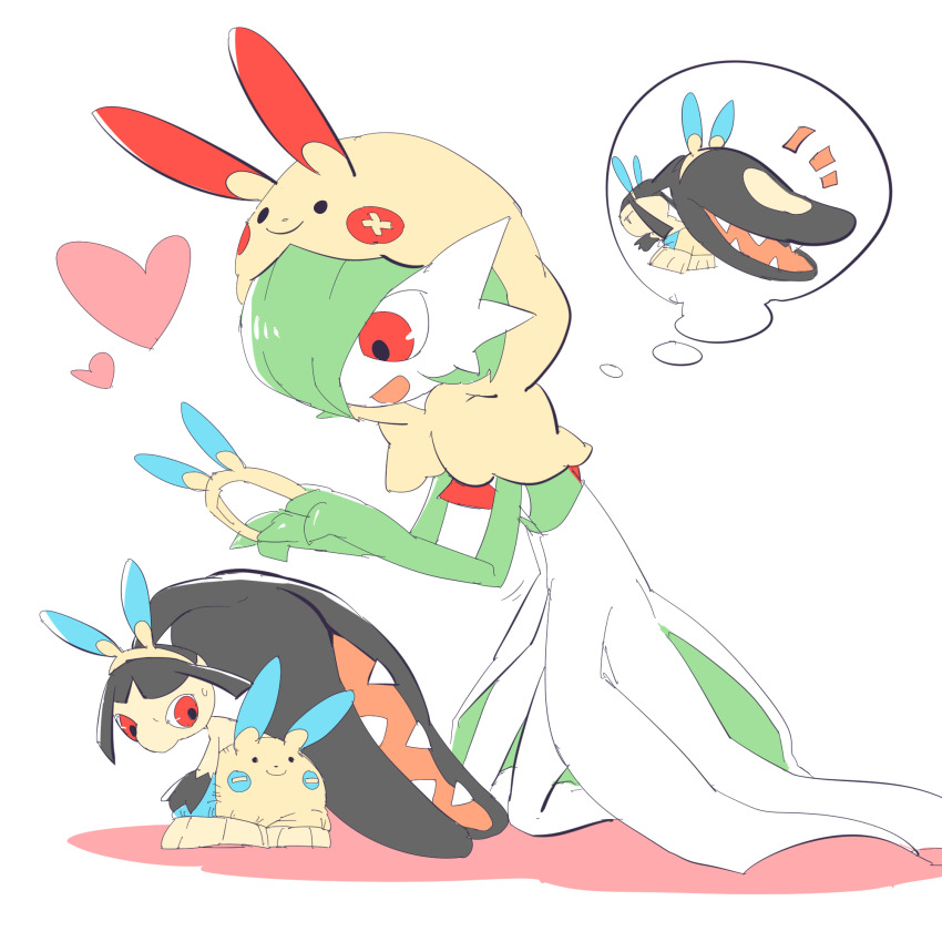 2girls animal_ears animal_hood black_hair black_skin blunt_bangs bob_cut capelet character_print clothed_pokemon colored_skin cosplay enden_(pixiv_57969220) extra_mouth fake_animal_ears female_focus flat_chest flat_color gardevoir gen_3_pokemon green_hair green_skin hair_over_one_eye hairband hands_up happy heart highres holding_hairband hood hood_up hooded_capelet kneeling leaning_forward long_hair looking_back mawile minun minun_(cosplay) multicolored_skin multiple_girls nintendo notice_lines one_eye_covered open_mouth plusle plusle_(cosplay) pokemon pokemon_(creature) red_eyes sharp_teeth short_hair shorts sidelocks simple_background sketch smile speech_bubble spoken_character standing sweat teeth thought_bubble two-tone_skin very_long_hair white_background white_skin yellow_capelet yellow_hairband yellow_shorts yellow_skin