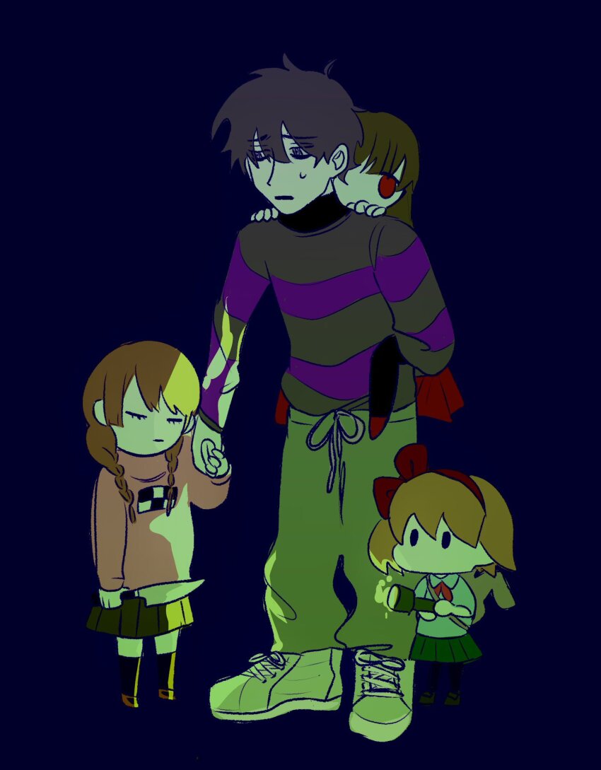1boy 3girls black_eyes black_hair black_skirt black_thighhighs blue_background braid brown_hair carrying closed_eyes closed_mouth crossover flashlight frown full_body furrowed_brow genre_connection green_pants hair_over_shoulder highres holding holding_flashlight holding_hands holding_knife ib_(ib) ib_(kouri) jack-o&#039;_ran-tan knife long_hair long_sleeves looking_at_another low_twin_braids madotsuki multiple_crossover multiple_girls napoli_no_otokotachi no_mouth open_mouth oshisu_(pentagon_2_15) pants piggyback pink_sweater protagonist_(yomawari) purple_sweater red_eyes shoes short_hair simple_background skirt small_sweatdrop sneakers solid_oval_eyes standing striped_clothes striped_sweater sweater thighhighs twin_braids yomawari yomawari_(series) yume_nikki
