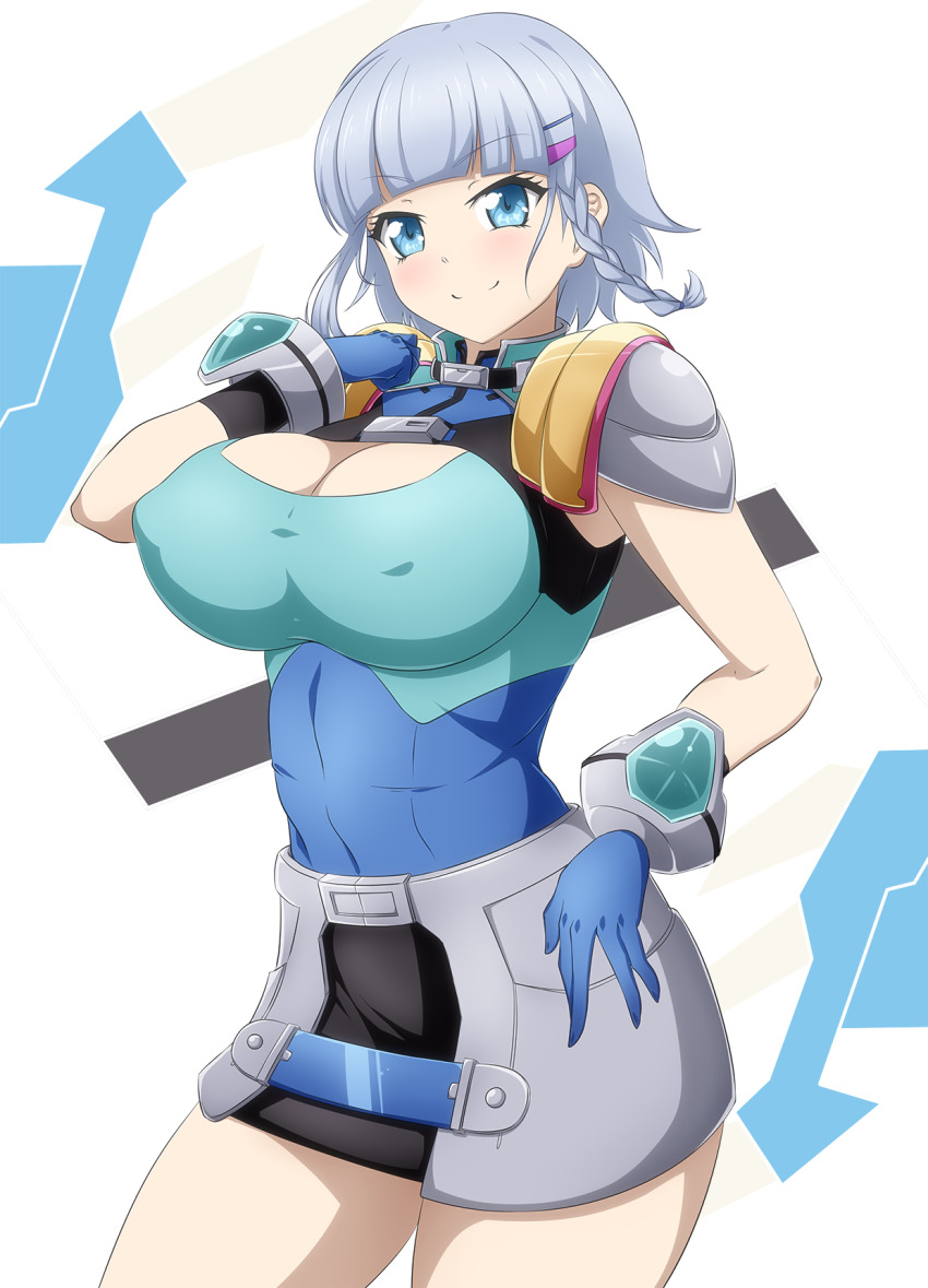 1girl blue_eyes blue_hair blush braid breasts cleavage danpu gloves grey_hair hair_ornament hairclip highres huge_breasts large_breasts looking_at_viewer nipples seolla_schweizer short_hair side_braid solo super_robot_wars super_robot_wars_alpha super_robot_wars_original_generation the_2nd_super_robot_wars_alpha