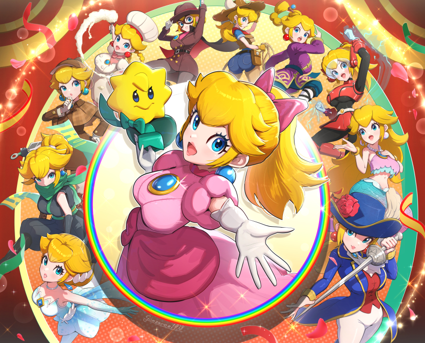 1girl absurdres ass blonde_hair blue_eyes blue_hat blue_jacket breasts brooch brown_hat chef_hat commentary_request cowgirl_peach dashing_thief_peach denim denim_shorts detective detective_peach dress earrings eye_mask figure_skater_peach flower gloves gonzarez green_scarf hand_on_own_chin hat hat_flower highres holding holding_sword holding_weapon jacket jewelry kunai kung_fu_peach large_breasts leggings mario_(series) mermaid_peach mighty_peach multiple_views ninja_peach nintendo official_alternate_costume pants patissiere_peach pink_dress pink_lips ponytail princess_peach princess_peach:_showtime! purple_dress rapier red_flower red_rose red_shirt rose scarf shirt short_shorts shorts stella_(peach) strapless strapless_dress sword swordfighter_peach weapon white_dress white_gloves white_hat white_pants