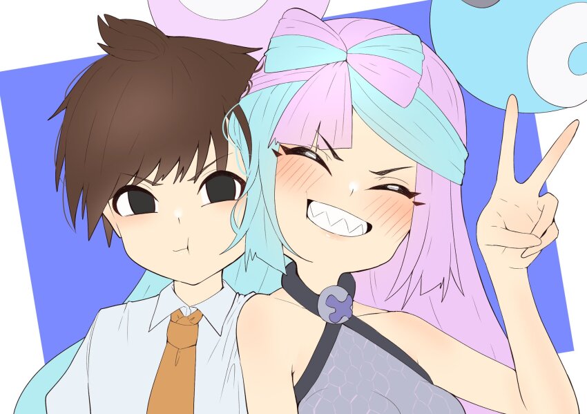 1boy 1girl ^_^ bare_shoulders black_eyes blue_hair blush bow-shaped_hair breasts brown_hair character_hair_ornament closed_eyes collared_shirt creatures_(company) florian_(pokemon) game_freak grin hair_ornament hand_up highres iono_(pokemon) long_hair looking_at_viewer multicolored_hair naranja_academy_school_uniform necktie nintendo no_jacket orange_necktie pink_hair pokemon pokemon_sv portrait pout school_uniform selfie sharp_teeth shirt short_hair shutchi smile solid_circle_pupils split-color_hair teeth two-tone_hair v v-shaped_eyebrows white_shirt