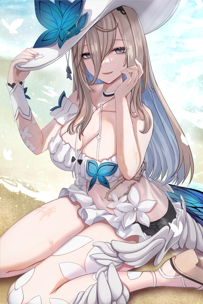 1girl :d absurdres aponia_(honkai_impact) aponia_(mesmerizing_blue) aponia_(mesmerizing_blue)_(honkai_impact) beach bikini blue_eyes breasts brown_eyes bug butterfly cleavage frilled_bikini frills hair_between_eyes hat high_heel_sandals highres honkai_(series) honkai_impact_3rd insect large_breasts long_hair looking_at_viewer noctelle open_mouth outdoors sand sandals smile solo sun_hat swimsuit water white_bikini white_butterfly