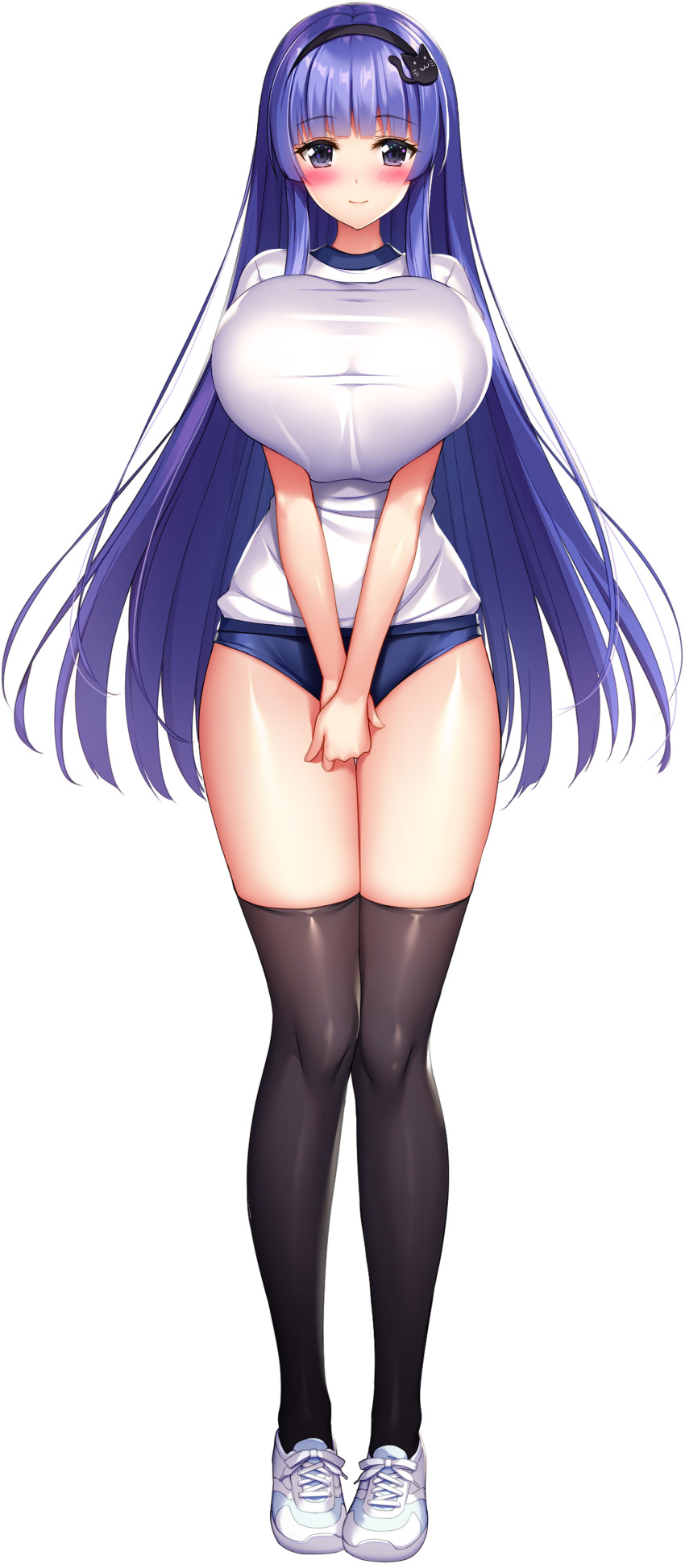 1girl absurdres black_hairband blue_buruma blue_eyes blue_hair blunt_bangs blush breasts breasts_squeezed_together buruma cat_hair_ornament cleavage closed_mouth derauea full_body game_cg gym_shirt gym_uniform hair_ornament hairband hands_on_lap highres hime_cut huge_breasts long_hair looking_at_viewer milk_factory motto!_haramase!_honoo_no_oppai_chou_ero_appli_gakuen! navel non-web_source own_hands_together saionji_nanako shiny_skin shirt shoes sidelocks smile sneakers solo sprite tachi-e thighhighs transparent_background
