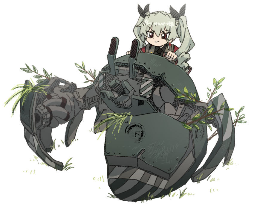 1girl anchovy_(girls_und_panzer) anzio_(emblem) black_necktie black_ribbon black_shirt branch closed_mouth commentary_request emblem girls_und_panzer grass green_hair grey_jacket hair_ribbon hermit_crab highres jacket looking_at_viewer military_jacket necktie nendo23 non-humanoid_robot overgrown red_eyes ribbon riding ringlets robot robot_animal shirt simple_background smirk solo tsurime twintails v-shaped_eyebrows white_background