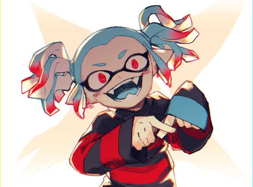 1girl :d blue_hair blue_tongue colored_tongue earrings fangs gradient_hair highres inari1369 inkling inkling_girl inkling_player_character jewelry light_blue_hair long_sleeves looking_at_viewer multicolored_hair nintendo open_mouth pointy_ears red_eyes red_hair red_sole-chan_(splatoon) shirt short_hair sleeves_past_wrists smile solo splatoon_(manga) splatoon_(series) striped_clothes striped_shirt suction_cups teeth tentacle_hair twintails two-tone_hair x_fingers