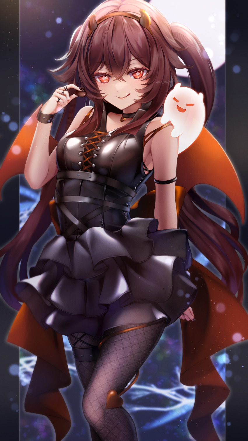 1girl absurdres asahi_(vjss4548) belt black_headwear blush brown_hair cross-laced_clothes demon_horns demon_tail demon_wings dress flower-shaped_pupils genshin_impact ghost hair_between_eyes highres horns hu_tao_(genshin_impact) long_hair looking_at_viewer mooon_(hitomin) off-shoulder_dress off_shoulder pantyhose red_eyes skirt smile solo symbol-shaped_pupils tail twintails wings