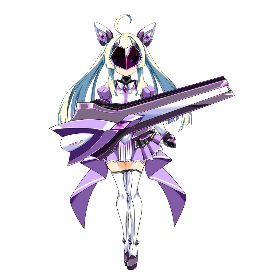 1girl ahoge amakubo_yuri bare_shoulders blonde_hair boots breasts clenched_hand closed_mouth covered_eyes detached_sleeves dress exs-tia_flora facing_viewer full_body gloves gun headgear highres holding holding_gun holding_weapon kouyoku_senki_exs-tia long_hair magical_girl mecha_musume puffy_sleeves purple_dress purple_gloves shoes sidelocks skirt solo standing straight-on tachi-e thigh_boots thighhighs transparent_background twintails weapon white_thighhighs zesuto zettai_ryouiki