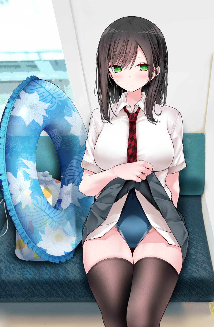 1girl black_hair black_thighhighs blue_innertube blue_one-piece_swimsuit blush breasts checkered_necktie closed_mouth clothes_lift commentary_request floral_print green_eyes grey_skirt highres innertube large_breasts lifting_own_clothes long_hair looking_at_viewer necktie one-piece_swimsuit oouso original print_innertube red_necktie school_uniform shirt short_sleeves sitting skirt skirt_lift solo swim_ring swimsuit swimsuit_under_clothes thighhighs thighs train_interior white_shirt