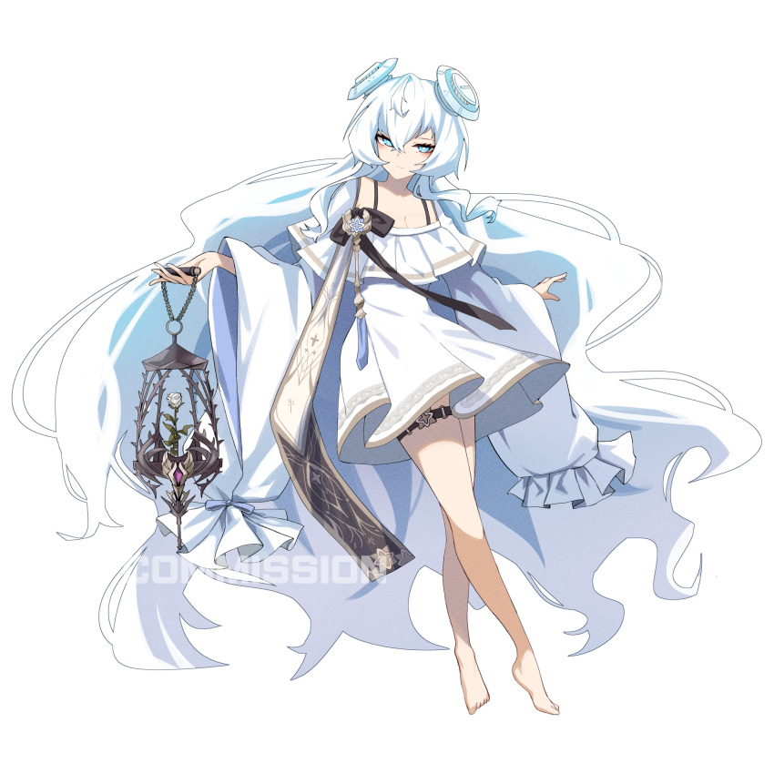 1girl barefoot blue_eyes breasts brown_trim cage cleavage commentary commission cosplay counter:side crossed_legs dress emblem expressionless flower frilled_sleeves frills full_body hair_between_eyes headgear highres holding holding_cage horizon_(counter:side) long_hair long_sleeves looking_at_viewer pleated_dress simple_background single_bare_leg solo solovey_(counter:side) solovey_(counter:side)_(cosplay) spaghetti_strap square_neckline thigh_strap tiptoes very_long_hair wavy_hair white_background white_dress white_flower white_hair wide_sleeves zanlyu