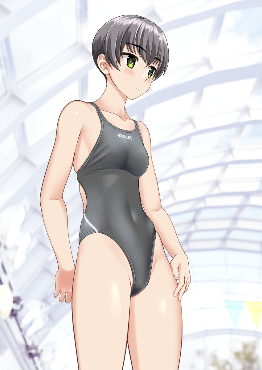 1girl absurdres black_hair clothes_writing colored_skin commentary_request competition_swimsuit covered_navel cowboy_shot green_eyes grey_one-piece_swimsuit highleg highleg_one-piece_swimsuit highres indoors one-piece_swimsuit original short_hair solo standing swimsuit takafumi tomboy variant_set