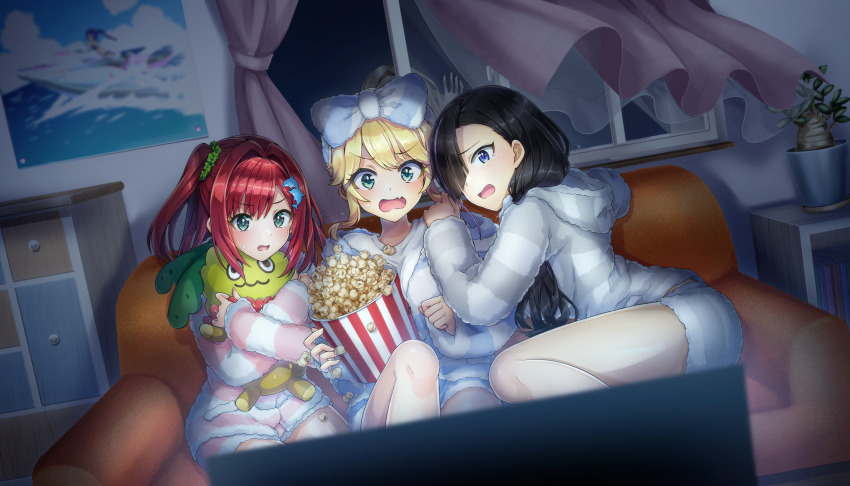 4girls black_hair blonde_hair blue_eyes coach dolphin_hair_ornament dolphin_wave fang food game_cg green_eyes hair_ornament hair_over_one_eye highres hugging_object izumi_kiri kirahoshi_kanna kurose_minami multicolored_hair multiple_girls non-web_source official_art ootomo_takuji open_mouth pajamas popcorn purple_eyes red_hair sakimiya_iruka scared side_ponytail striped_clothes striped_pajamas swept_bangs two-tone_hair