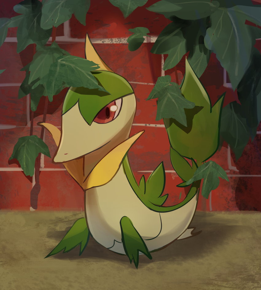 brick_wall commentary_request gen_5_pokemon highres ivy leaf nihine_(u-u115) nintendo no_humans outdoors pokemon pokemon_(creature) pokemon_focus red_eyes servine sitting solo