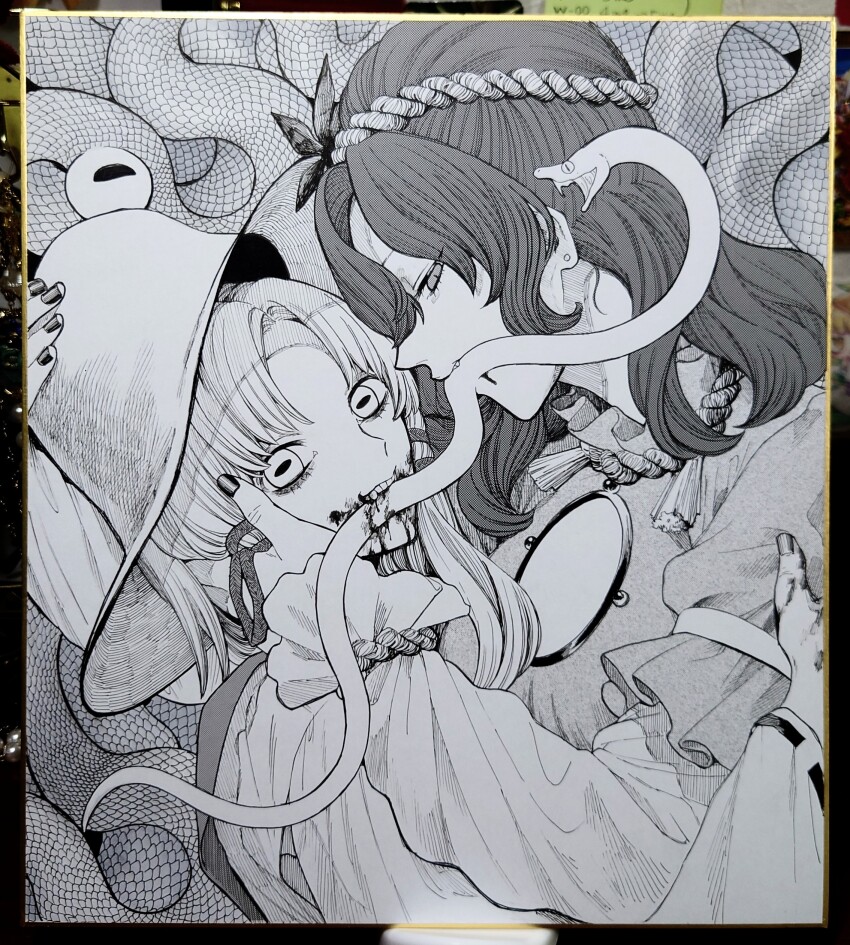 2girls absurdres animal autumn_leaves biting blood blood_drip blood_on_face blood_on_hands blood_on_mouth blood_on_teeth blood_stain bow breasts coil curly_hair earrings extra_eyes fang fang_out fangs fangs_out frilled_shirt_collar frilled_sleeves frills frog_girl guro hair_bow hair_ornament hand_on_another&#039;s_arm hand_on_another&#039;s_face hat highres horizontal_pupils jewelry juliet_sleeves large_breasts layered_clothes layered_shirt layered_sleeves leaf leaf_hair_ornament leaf_on_head long_sleeves looking_at_viewer medium_hair mirror monochrome moriya_suwako multiple_girls nail_polish parted_bangs photo_(medium) puffy_sleeves pyonta rope rope_around_wrist rope_necklace scales shirt single_earring slit_pupils smile snake snake_tail tail tassel teeth touhou traditional_media vest whoru wide_sleeves yasaka_kanako yuri