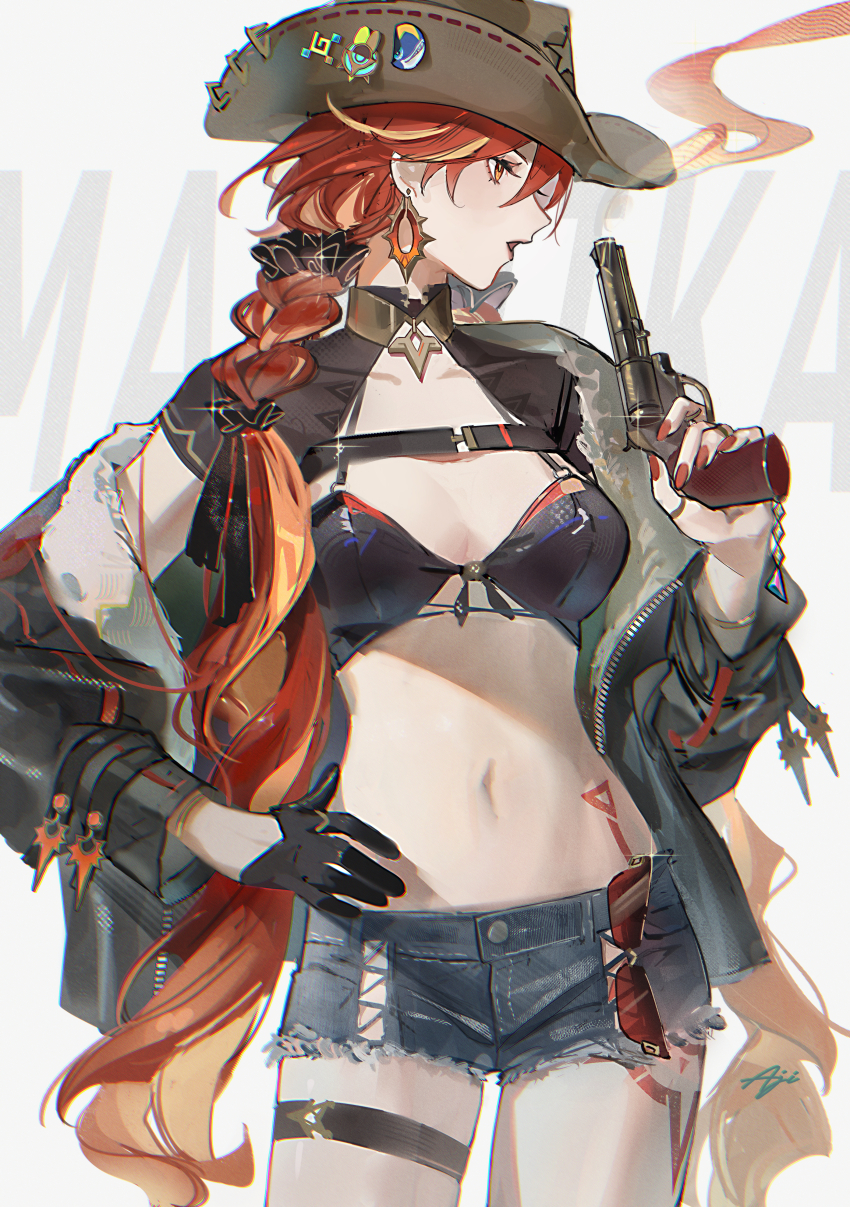 1girl absurdres aji_11300913 alternate_costume black_bra black_gloves black_jacket black_shirt blonde_streaks blowing blue_shorts bra braid braided_ponytail breasts character_name cleavage clothes_pull collarbone colored_eyelashes cowboy_hat cowboy_shot cowgirl_(western) denim denim_shorts earrings english_text genshin_impact gloves gold_collar gun hair_ornament hand_on_own_hip handgun hat hat_sticker highres holding holding_gun holding_weapon jacket jacket_pull jewelry leg_tattoo lips long_hair looking_to_the_side mavuika_(genshin_impact) medium_breasts navel o-ring open_clothes open_jacket open_mouth orange_eyes profile red-tinted_eyewear red_hair red_nails revolver ring shirt short_shorts shorts signature single_glove skindentation smoke solo sparkle stomach sunglasses tattoo thigh_strap tinted_eyewear underwear unworn_eyewear very_long_hair weapon white_background
