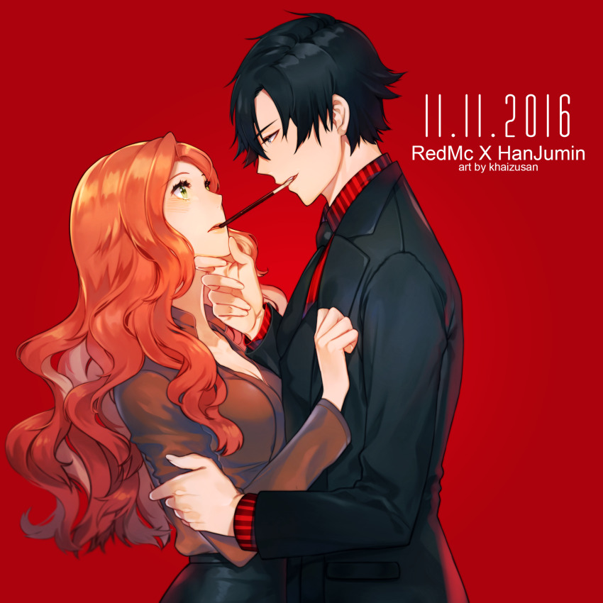 1boy 1girl black_hair black_jacket breasts cleavage couple eyelashes food green_eyes han_jumin hand_on_another&#039;s_chin hetero highres jacket long_hair long_sleeves necktie persona92 pocky pocky_day pocky_kiss protagonist_(susanghan_messenger) red_background red_hair red_necktie shared_food short_hair susanghan_messenger wavy_mouth