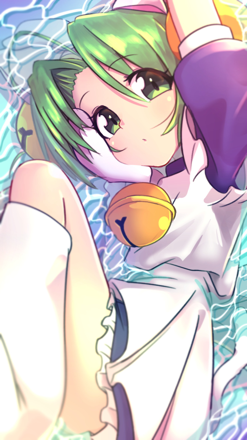 1girl absurdres apron arm_up bell cat_tail curtained_hair dejiko di_gi_charat dress green_eyes green_hair hand_on_own_face highres kanibugyoh looking_at_viewer lying mittens neck_bell on_side parted_lips partially_submerged purple_dress short_hair solo tail white_apron white_mittens